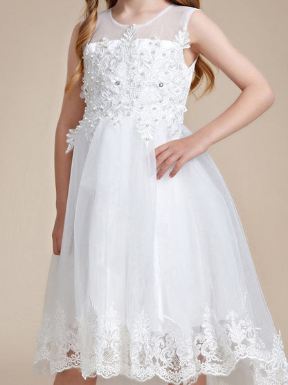 Stylish Lace High Low A-line Flower Girl Dress with Sleeveless #color_White