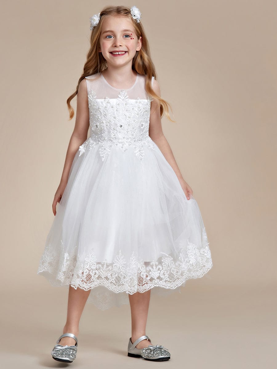 Stylish Lace High Low A-line Flower Girl Dress with Sleeveless #color_White