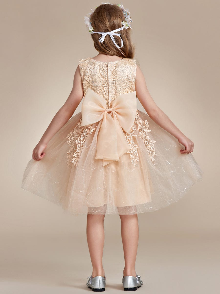 Elegant Lace Embroidered A-Line Flower Girl Dress with Bowknot and Sleeveless #color_Champagne