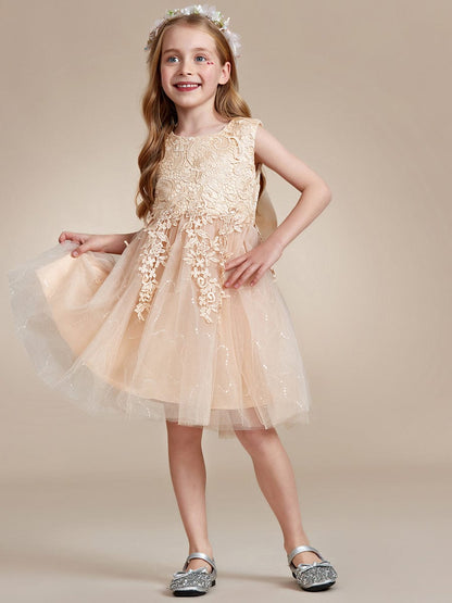 Elegant Lace Embroidered A-Line Flower Girl Dress with Bowknot and Sleeveless #color_Champagne