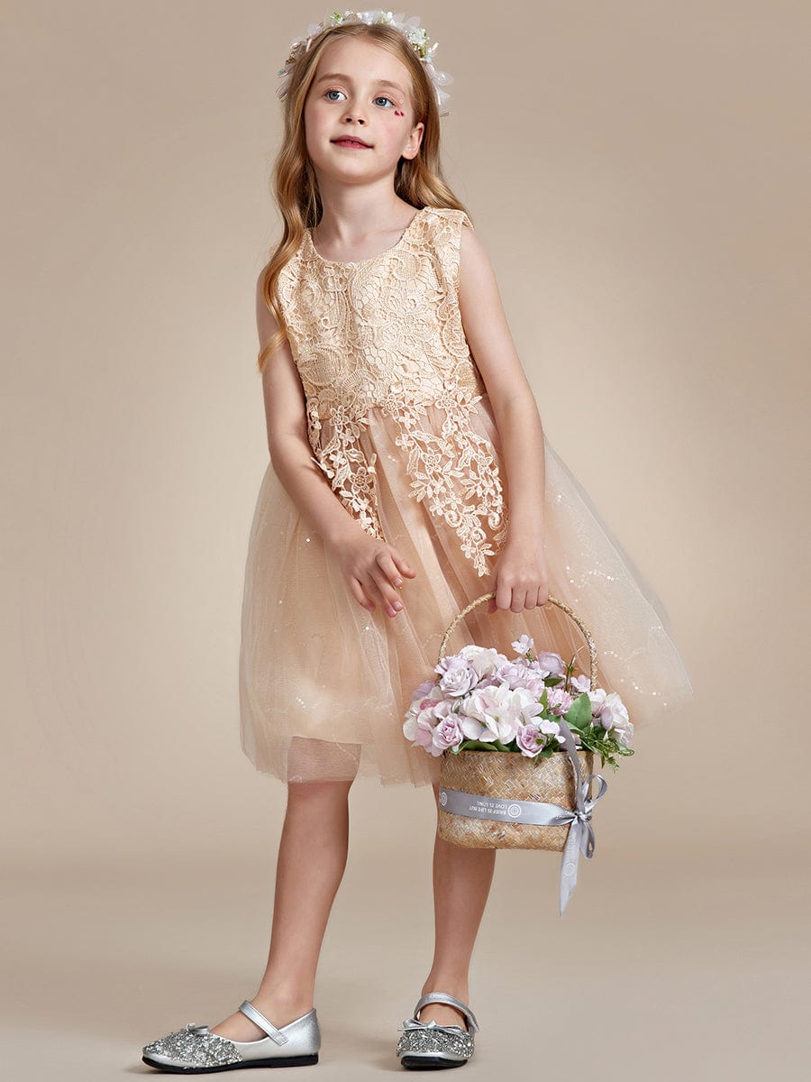 Elegant Lace Embroidered A-Line Flower Girl Dress with Bowknot and Sleeveless #color_Champagne