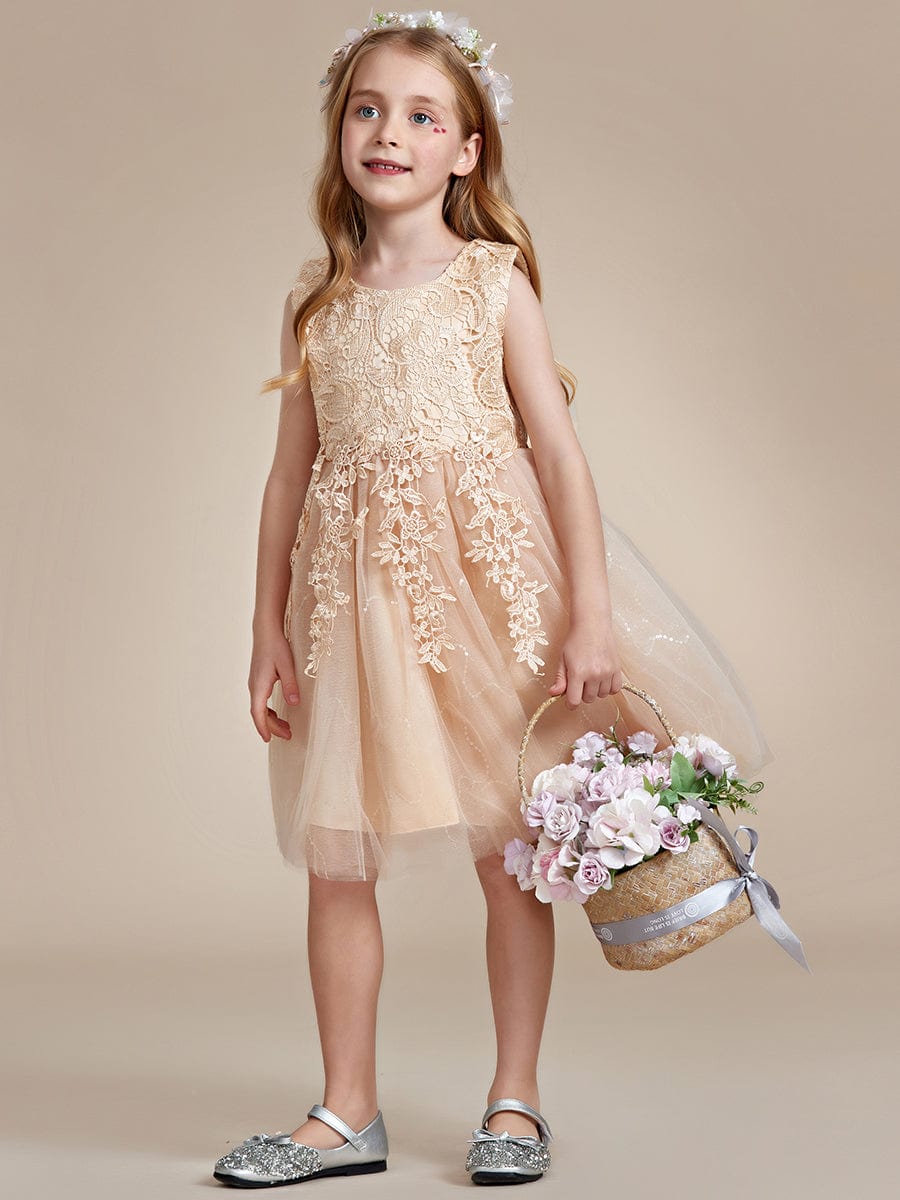 Elegant Lace Embroidered A-Line Flower Girl Dress with Bowknot and Sleeveless #color_Champagne