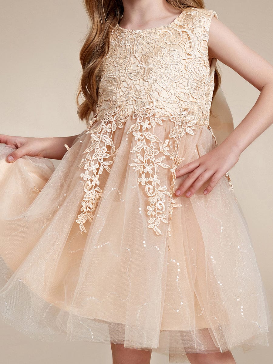 Elegant Lace Embroidered A-Line Flower Girl Dress with Bowknot and Sleeveless #color_Champagne