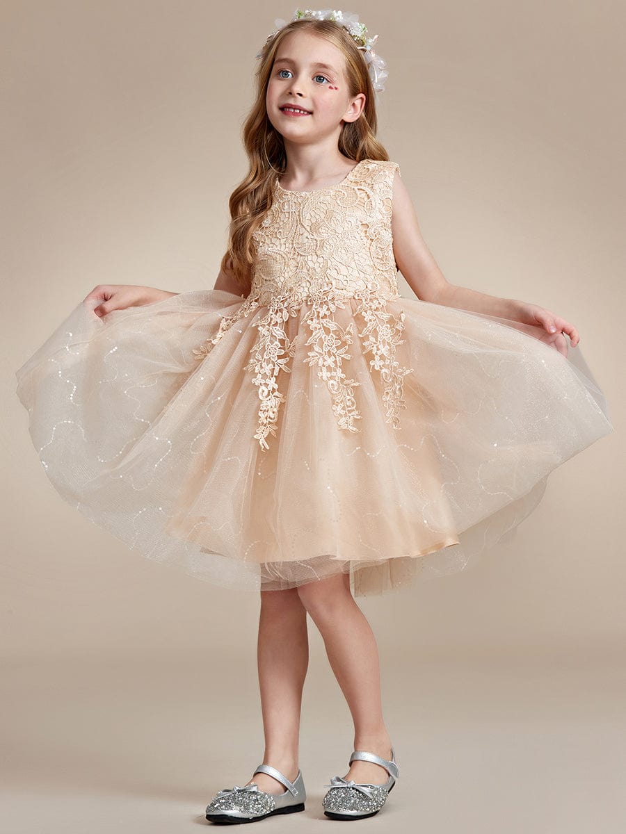 Elegant Lace Embroidered A-Line Flower Girl Dress with Bowknot and Sleeveless #color_Champagne