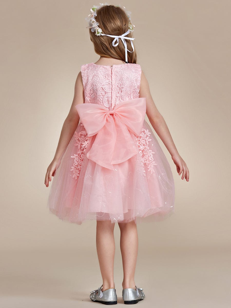 Elegant Lace Embroidered A-Line Flower Girl Dress with Bowknot and Sleeveless #color_Pink