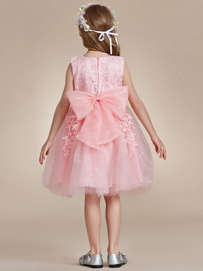 Elegant Lace Embroidered A-Line Flower Girl Dress with Bowknot and Sleeveless #color_Pink