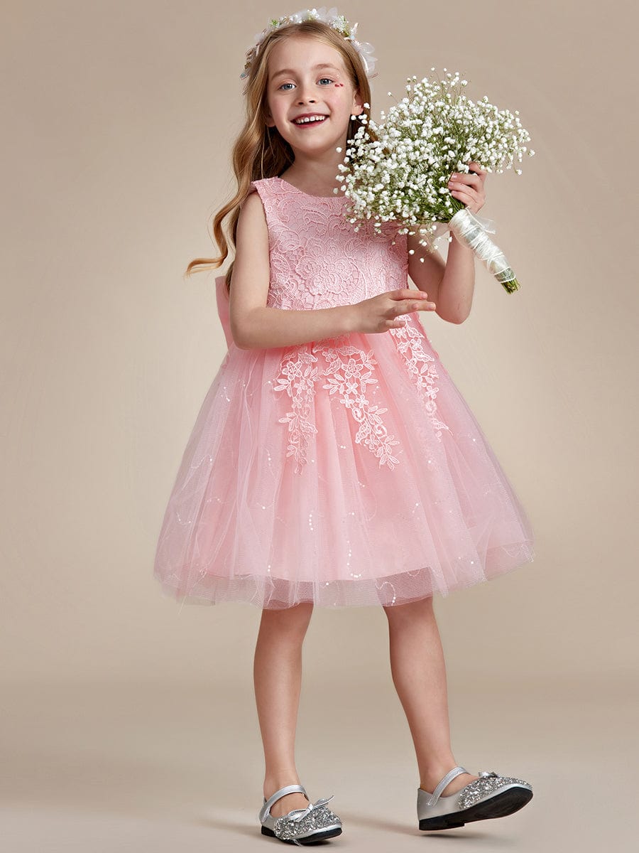 Elegant Lace Embroidered A-Line Flower Girl Dress with Bowknot and Sleeveless #color_Pink