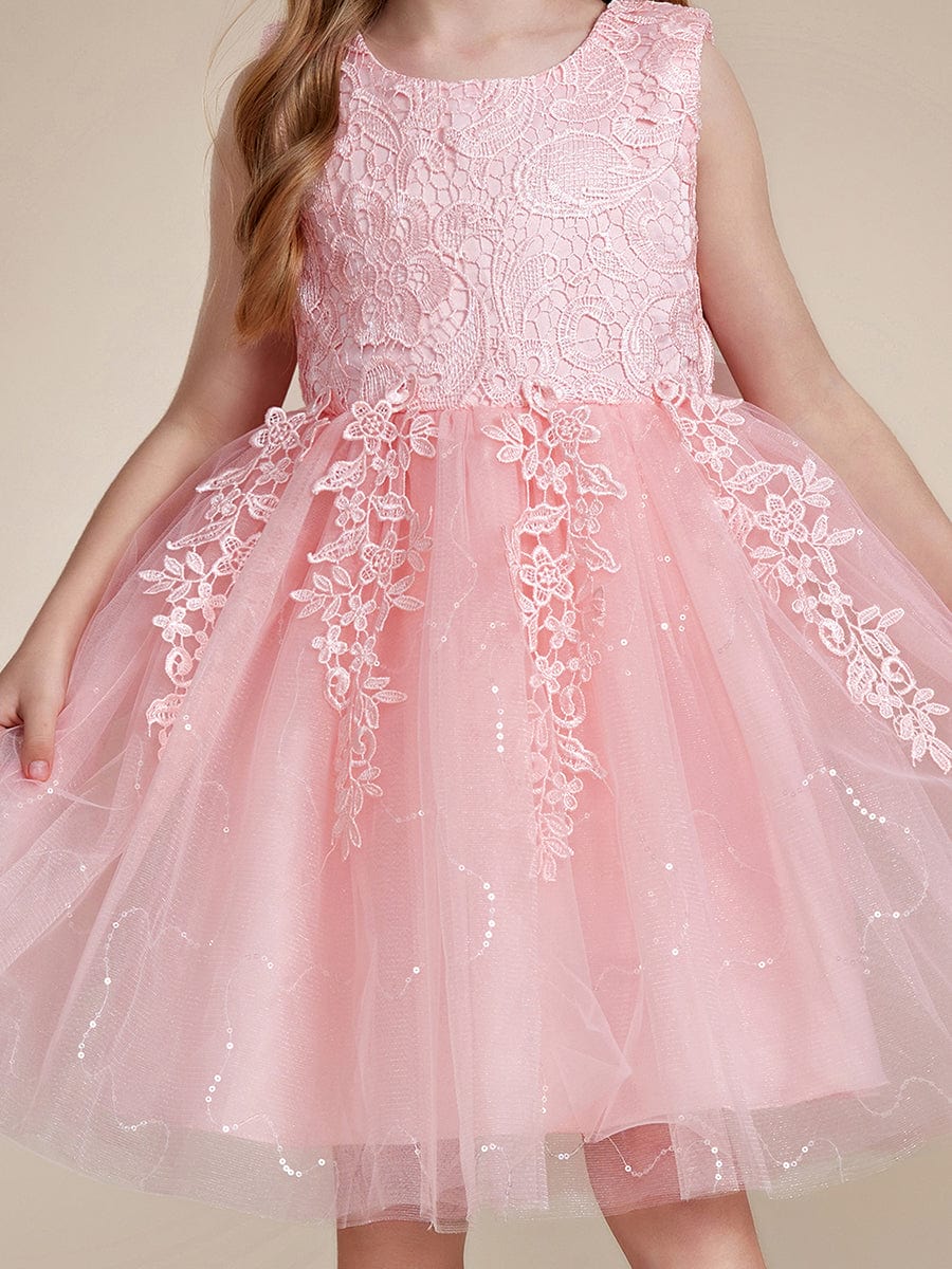 Elegant Lace Embroidered A-Line Flower Girl Dress with Bowknot and Sleeveless #color_Pink