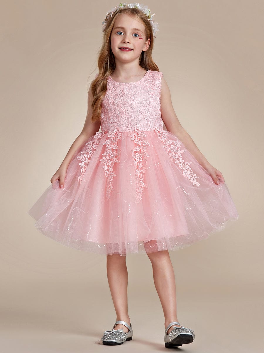 Elegant Lace Embroidered A-Line Flower Girl Dress with Bowknot and Sleeveless #color_Pink