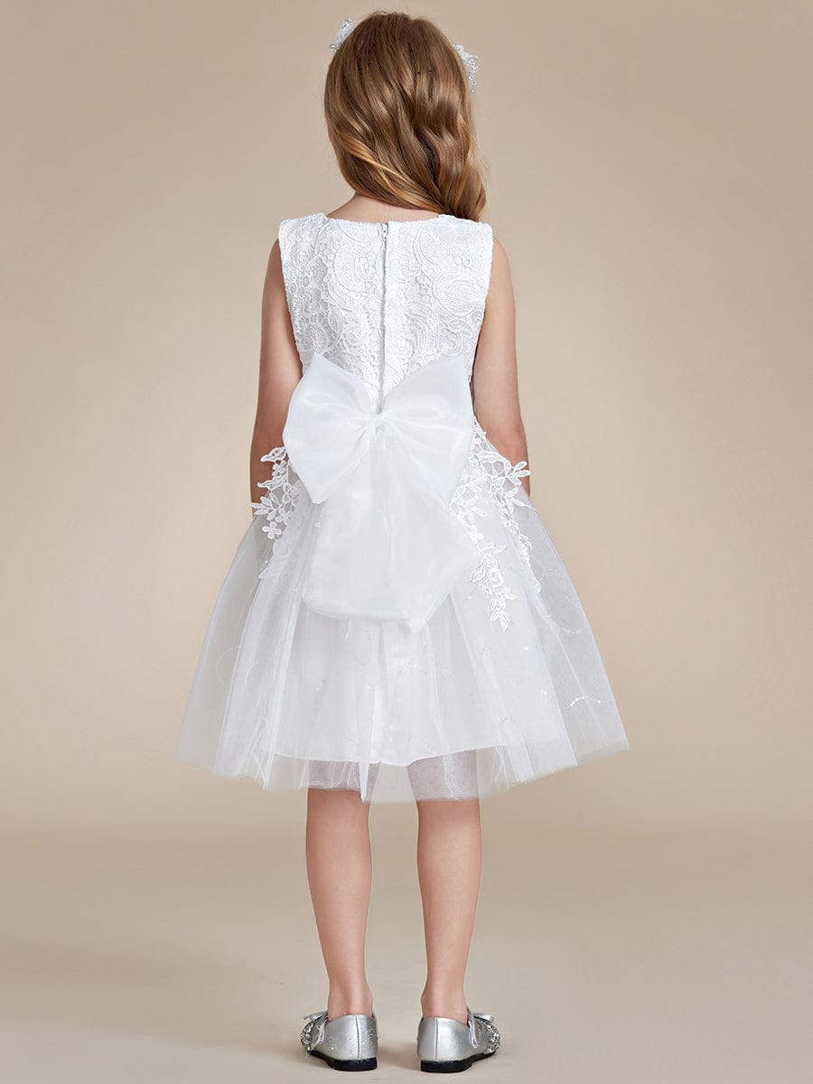 Elegant Lace Embroidered A-Line Flower Girl Dress with Bowknot and Sleeveless #color_White