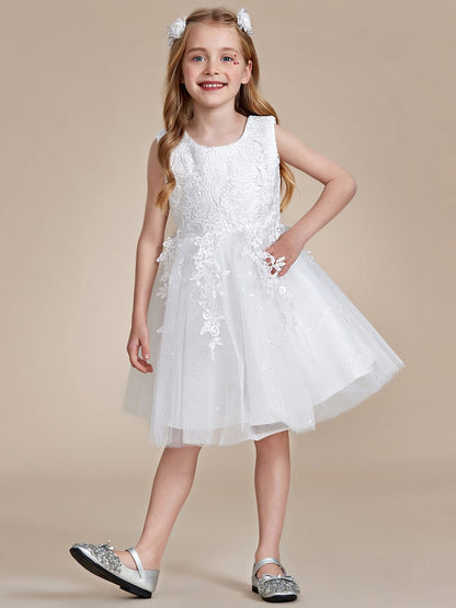 Elegant Lace Embroidered A-Line Flower Girl Dress with Bowknot and Sleeveless #color_White