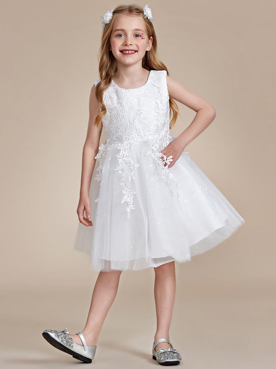 Elegant Lace Sleeveless Embroidered A-Line Flower Girl Dress with Bowknot