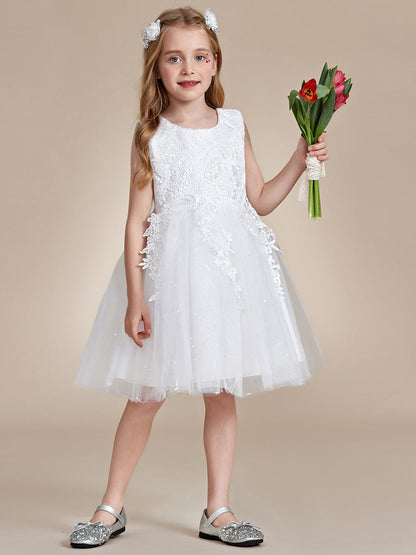 Elegant Lace Embroidered A-Line Flower Girl Dress with Bowknot and Sleeveless #color_White