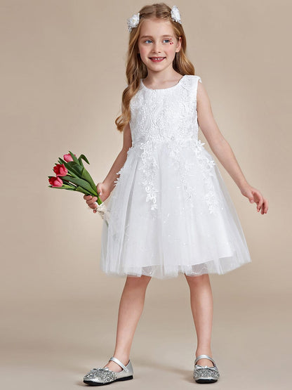 Elegant Lace Embroidered A-Line Flower Girl Dress with Bowknot and Sleeveless #color_White