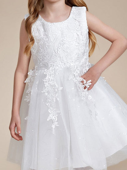 Elegant Lace Embroidered A-Line Flower Girl Dress with Bowknot and Sleeveless #color_White