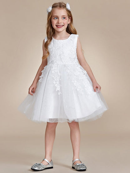 Elegant Lace Embroidered A-Line Flower Girl Dress with Bowknot and Sleeveless #color_White