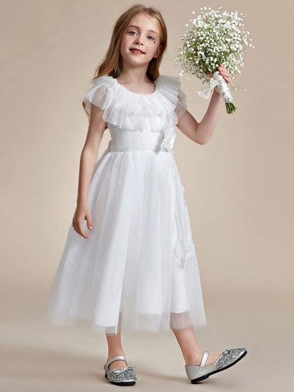 Dreamy Round Neckline Empire Waist Double Tulle Flower Girl Dress #color_White