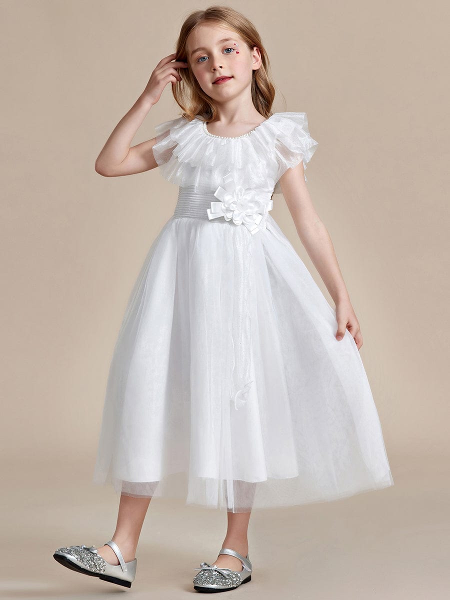 Dreamy Round Neckline Empire Waist Double Tulle Flower Girl Dress #color_White