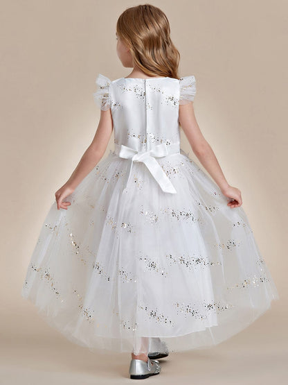 Lace Applique Flutter Sleeves Sparkle Princess Flower Girl Dress  #color_White