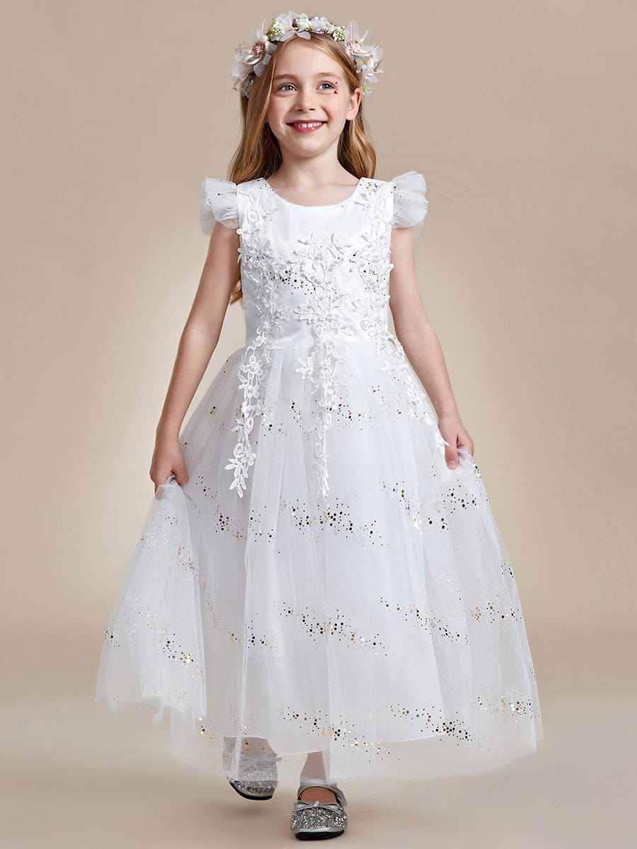 Lace Applique Flutter Sleeves Sparkle Princess Flower Girl Dress  #color_White