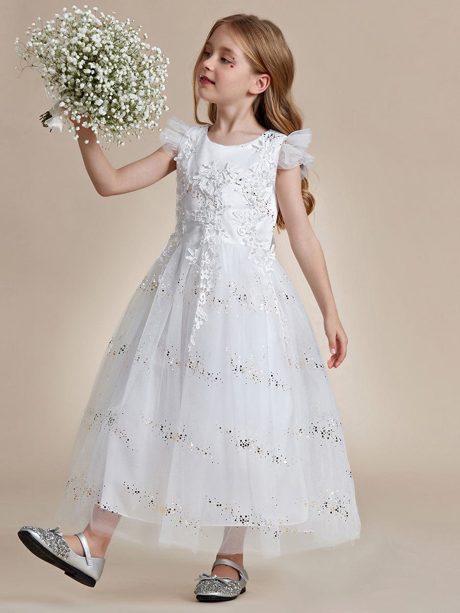 Lace Applique Flutter Sleeves Sparkle Princess Flower Girl Dress  #color_White