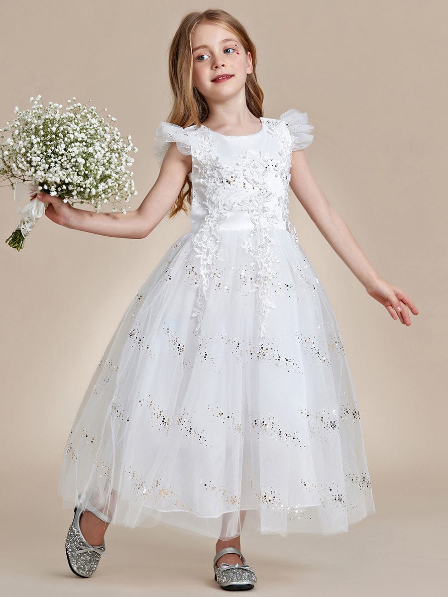 Lace Applique Flutter Sleeves Sparkle Princess Flower Girl Dress  #color_White