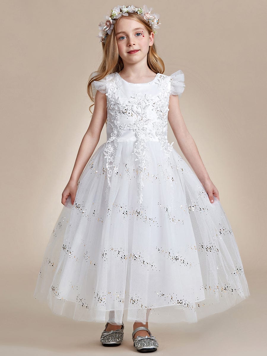 Lace Applique Flutter Sleeves Sparkle Princess Flower Girl Dress  #color_White