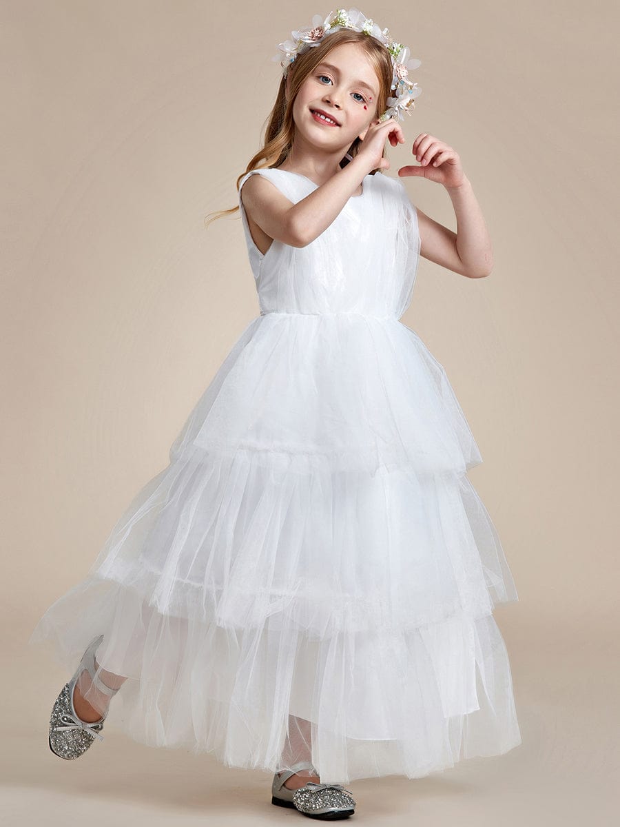 Princess Style Layered Cake Long Tulle Flower Girls Dress #color_White