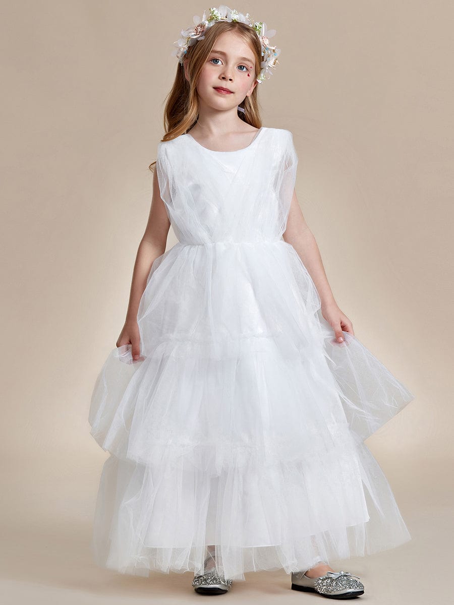 Princess Style Layered Cake Long Tulle Flower Girls Dress #color_White