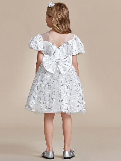 Sparkling Puffy Sleeves Leaf Sequin A-line Flower Girl Dress  #color_White