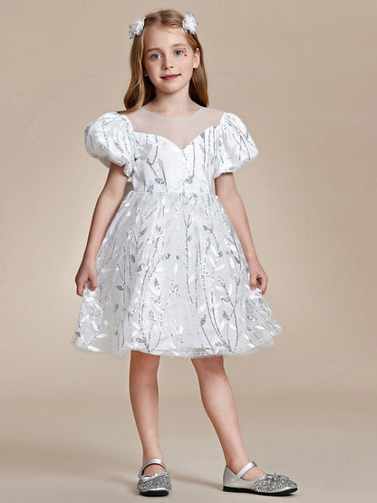 Sparkling Puffy Sleeves Leaf Sequin A-line Flower Girl Dress  #color_White