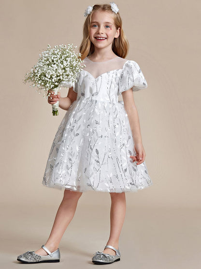 Sparkling Puffy Sleeves Leaf Sequin A-line Flower Girl Dress  #color_White