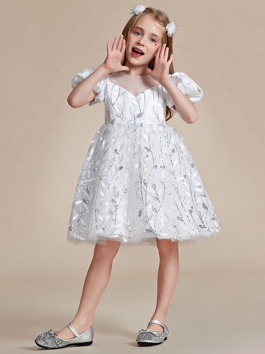 Sparkling Puffy Sleeves Leaf Sequin A-line Flower Girl Dress  #color_White