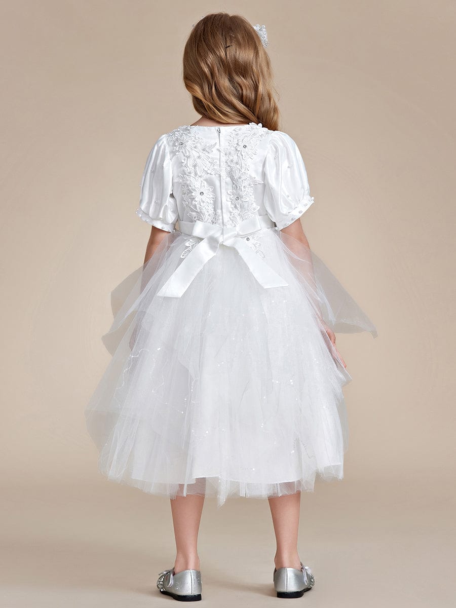 Satin Floral Applique Puff Sleeves Tulle Flower Girl Dress #color_White