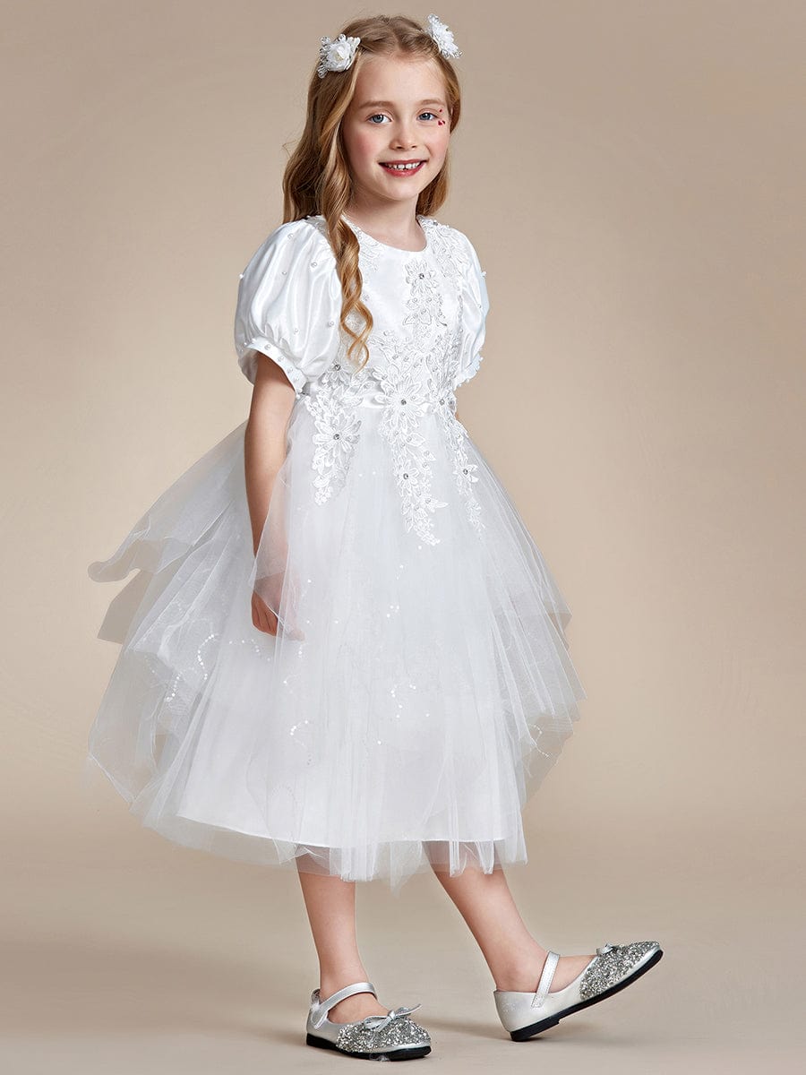 Satin Floral Applique Puff Sleeves Tulle Flower Girl Dress #color_White