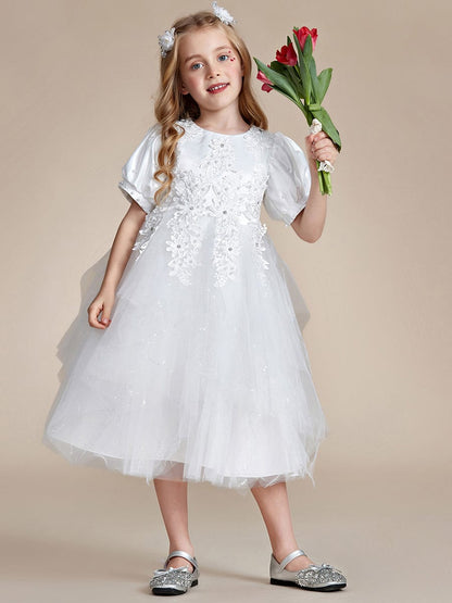 Satin Floral Applique Puff Sleeves Tulle Flower Girl Dress #color_White