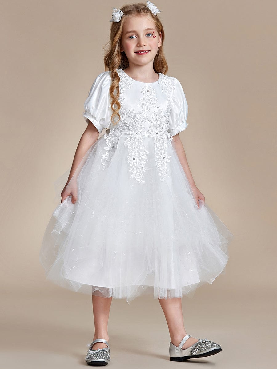 Satin Floral Applique Puff Sleeves Tulle Flower Girl Dress