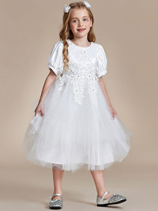 Satin Floral Applique Puff Sleeves Tulle Flower Girl Dress #color_White