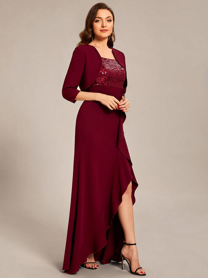 Custom Size Sequin Ruffle Front Slit Mother Dresses With Jacket #color_Burgundy