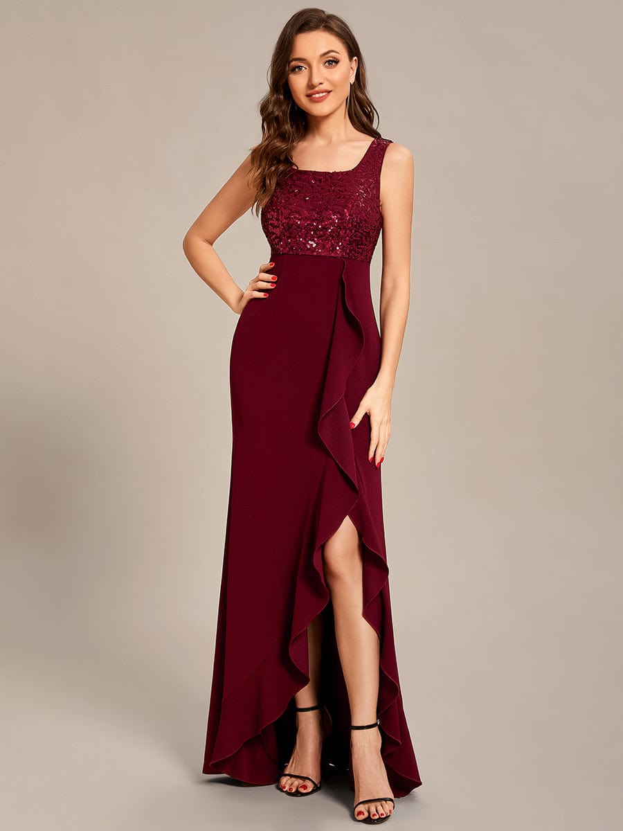 Custom Size Sequin Ruffle Front Slit Mother Dresses With Jacket #color_Burgundy