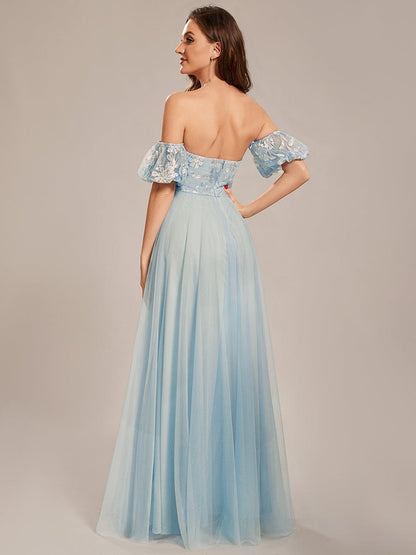 Custom Size Puffy Sleeve Sweetheart Princess Style Tulle Prom Dress #color_Sky Blue