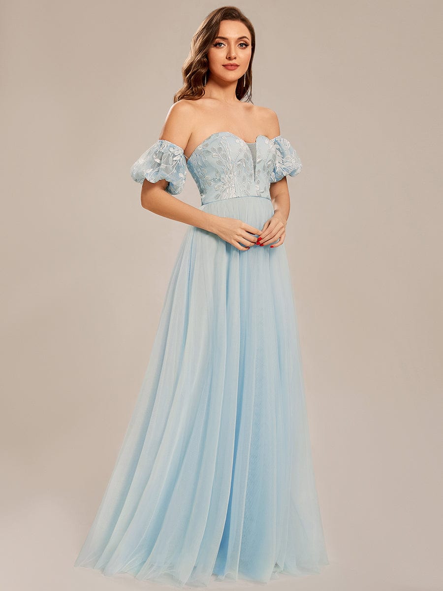 Custom Size Puffy Sleeve Sweetheart Princess Style Tulle Prom Dress #color_Sky Blue