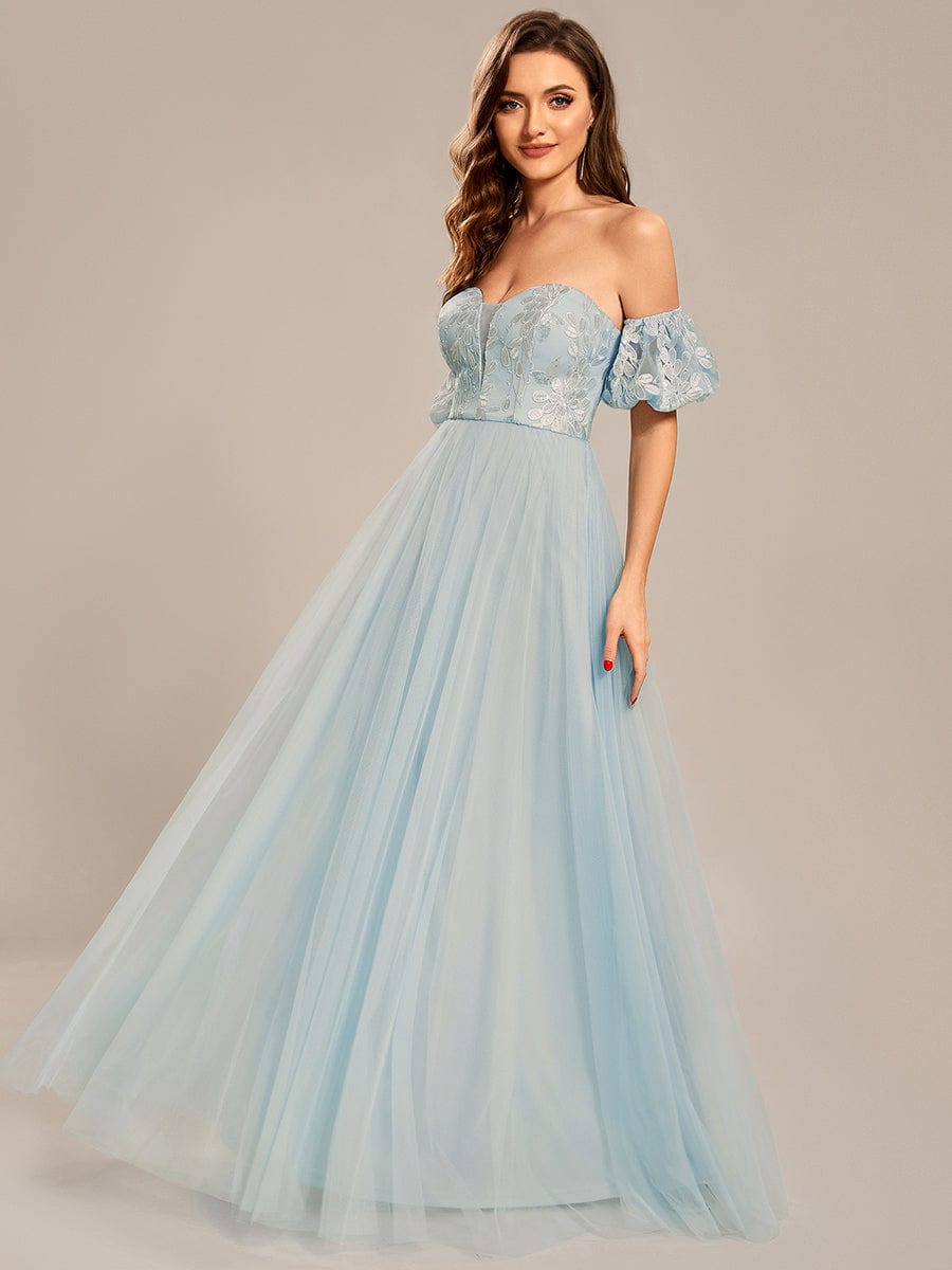 Custom Size Puffy Sleeve Sweetheart Princess Style Tulle Prom Dress #color_Sky Blue