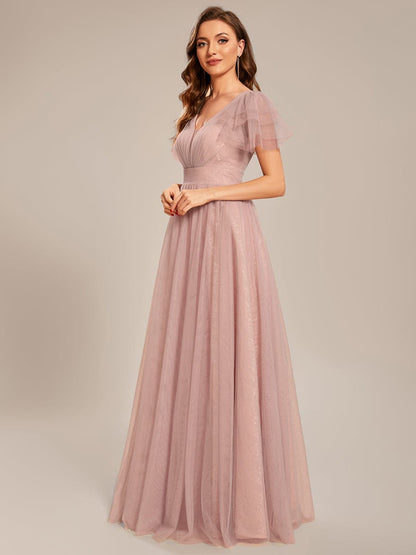 Custom Size Ruffled Sleeves Deep V-neck A-line Tulle Prom Dress #color_Pink