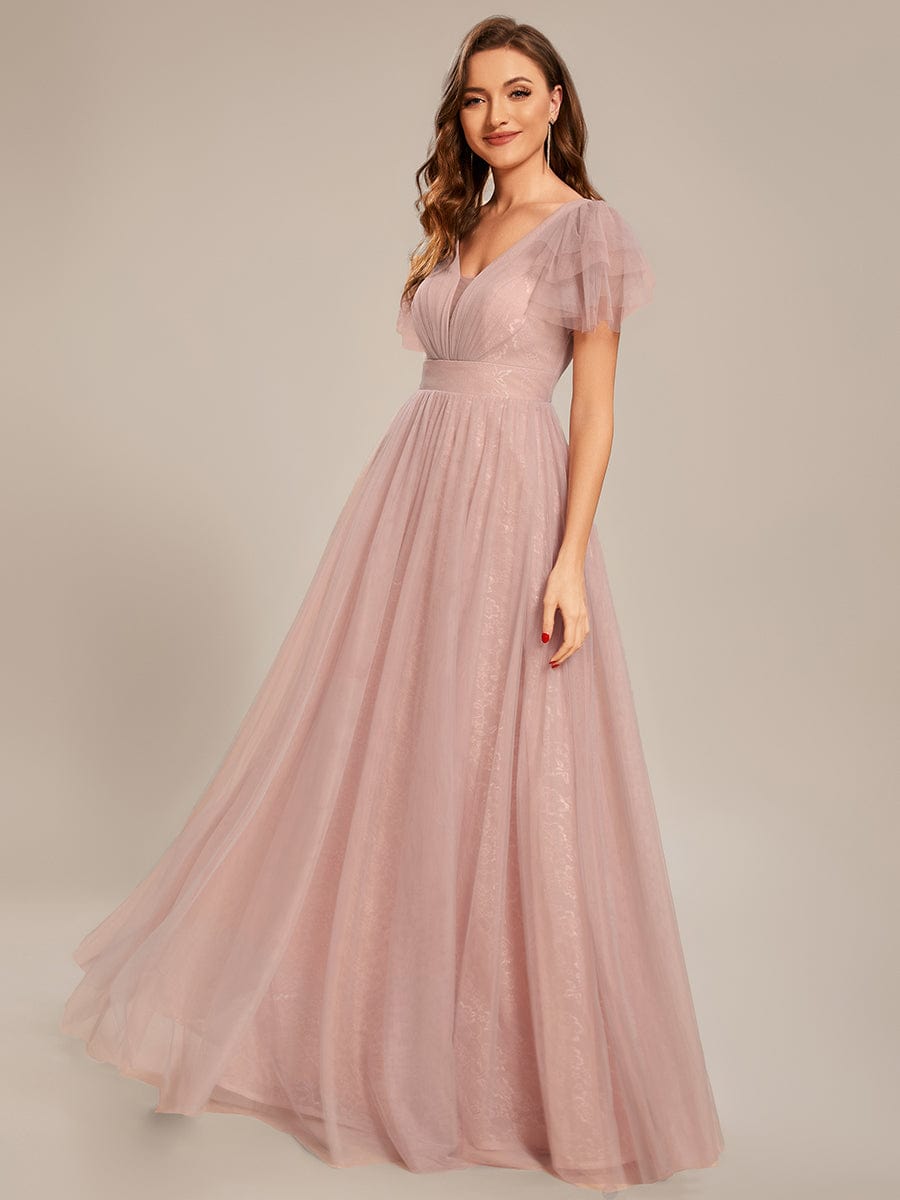 Custom Size Ruffled Sleeves Deep V-neck A-line Tulle Prom Dress #color_Pink