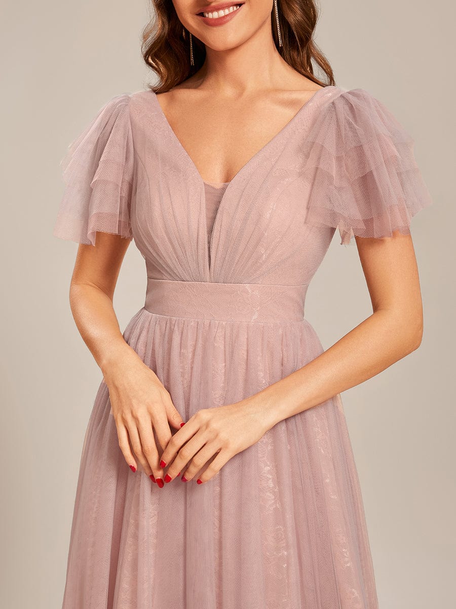 Custom Size Ruffled Sleeves Deep V-neck A-line Tulle Prom Dress #color_Pink