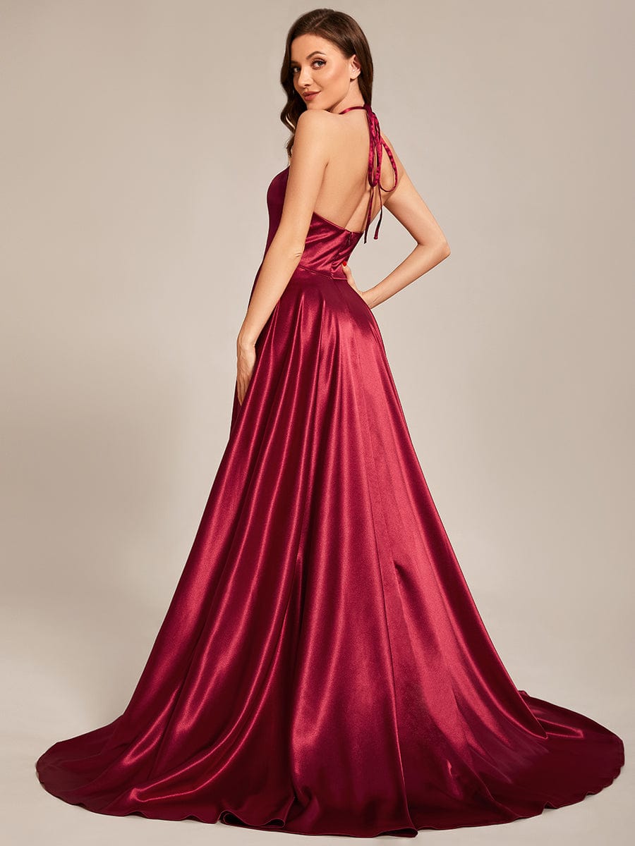 Custom Size Halter Neck High Front Slit Floor Length Prom Dress #color_Burgundy