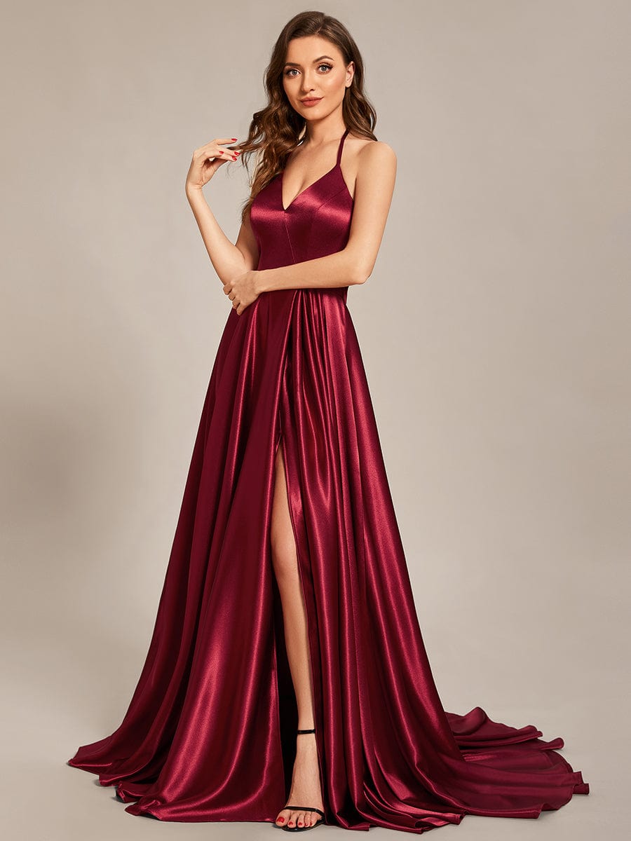 Custom Size Halter Neck High Front Slit Floor Length Prom Dress #color_Burgundy