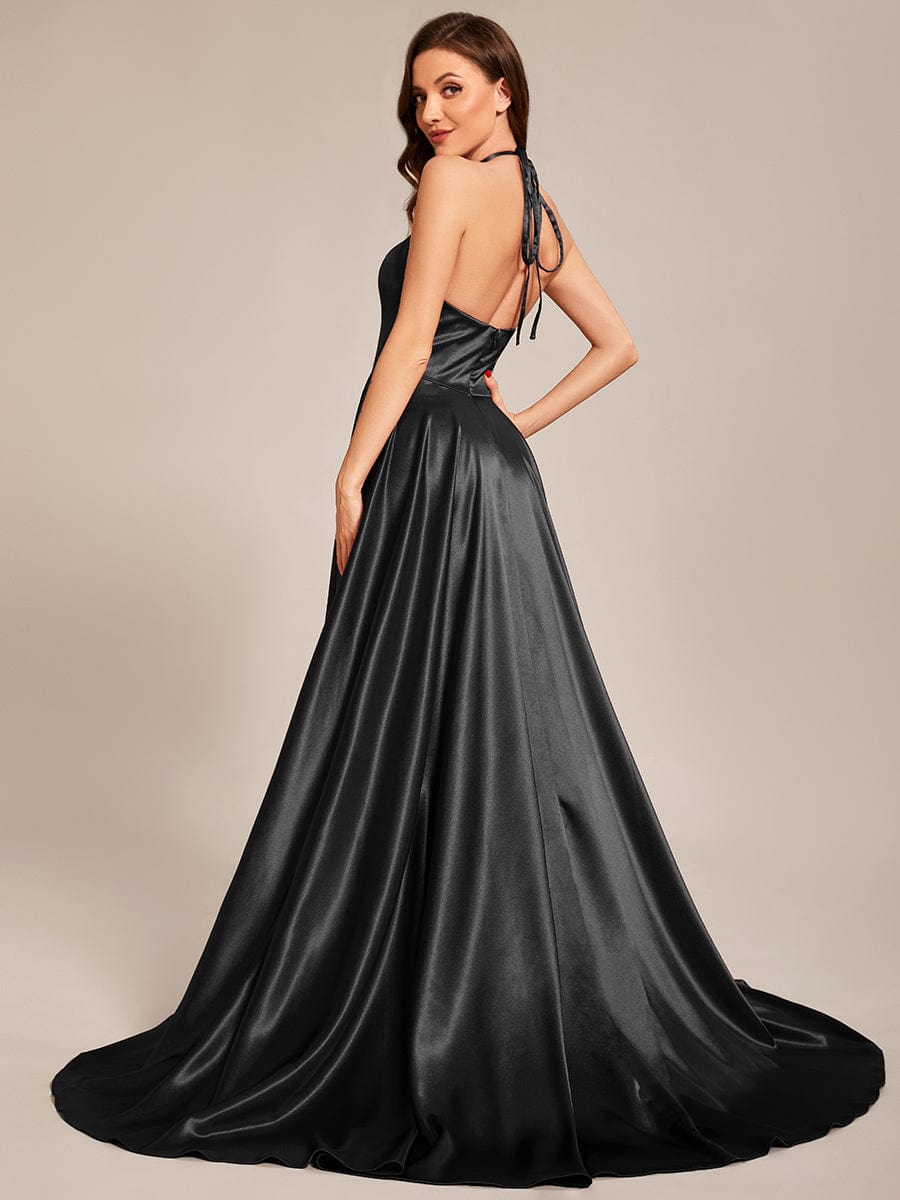 Custom Size Halter Neck High Front Slit Floor Length Prom Dress #color_Black