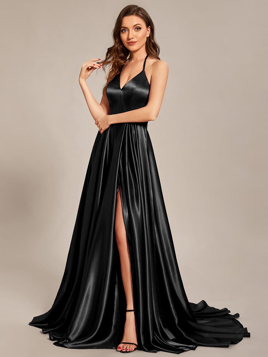 Custom Size Halter Neck High Front Slit Floor Length Prom Dress #color_Black